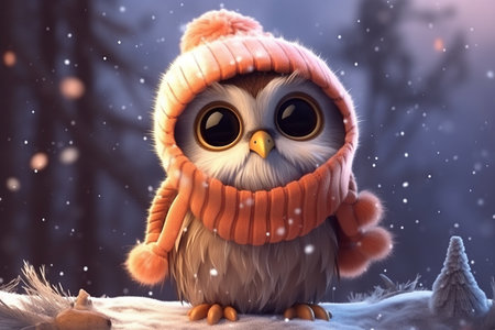 a cute adorable baby owl with cap and scarf,  by night in nature rendered in the style of children-friendly cartoon animation fantasy style  created by AIの素材