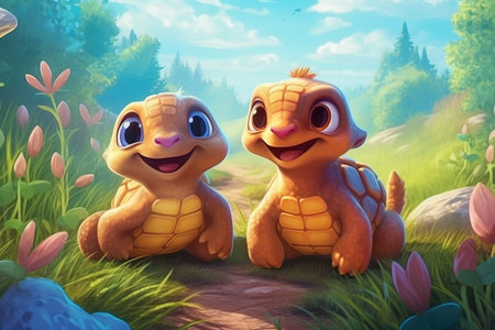 a cute adorable baby turtle  in nature rendered in the style of children-friendly cartoon animation fantasy style  created by AIの素材