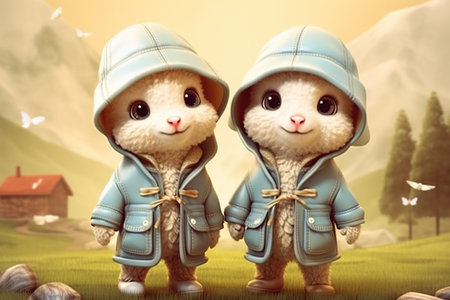 a cute adorable baby lamb with coat and caps in nature rendered in the style of children-friendly cartoon animation fantasy style  created by AIの素材