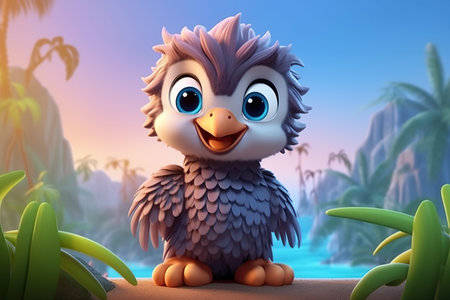 a cute adorable baby eagle in nature rendered in the style of children-friendly cartoon animation fantasy style  created by AIの素材