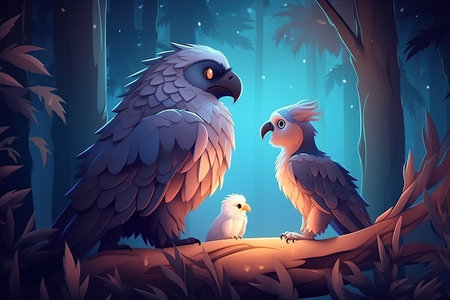 cute adorable baby eagle with mother eagle by night in forest rendered in the style of fantasy cartoon animation style intended for children created by AIの素材