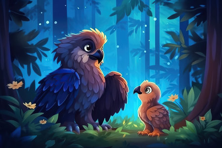 cute adorable baby eagle with mother eagle by night in forest rendered in the style of fantasy cartoon animation style intended for children created by AIの素材