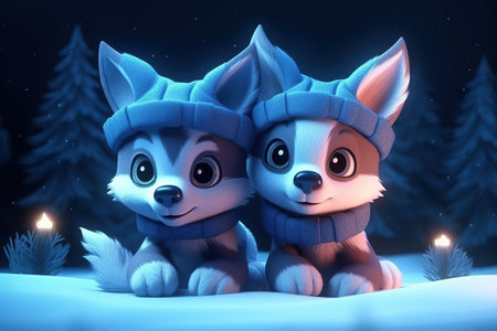 a cute adorable two baby wolfs in winter by night with light in forest rendered in the style of children-friendly cartoon animation fantasy style 3D style Illustration  created by AIの素材