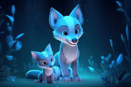 cute adorable baby wolf with mother wolf by night in forest rendered in the style of fantasy cartoon animation style intended for children 3D style Illustration created by AIの素材
