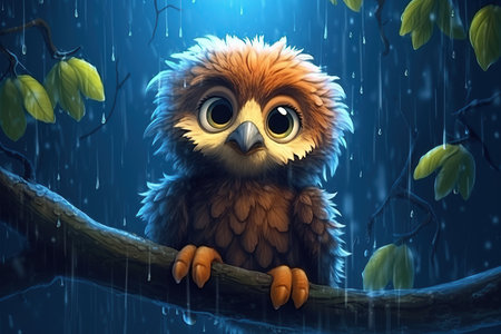 a cute adorable baby eagle on a tree in rain by night rendered in the style of children-friendly cartoon animation fantasy style   created by AIの素材