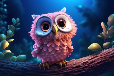 a cute adorable baby owl character stands on a tree, by night , in nature in the style of children-friendly cartoon animation fantasy 3D style Illustration created by AIの素材