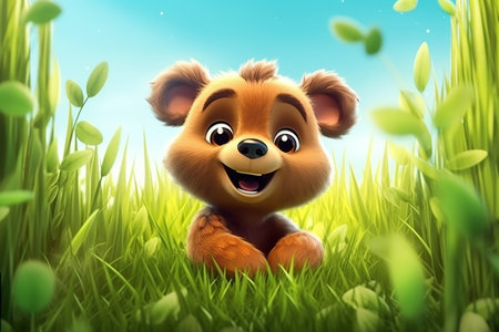 a cute adorable baby bear resting in grass on a sunny day rendered in the style of children-friendly cartoon animation fantasy style 3D style Illustration created by AIの素材