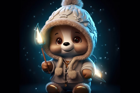 a cute adorable baby bear with coat and cap, by night with light in nature rendered in the style of children-friendly cartoon animation fantasy style  3D style Illustration created by AIの素材