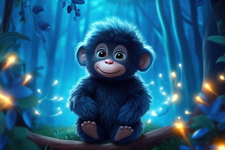 a cute adorable baby gorilla character stands on a tree by night with light in jungle in the style of children-friendly cartoon animation fantasy 3D style Illustrationの素材