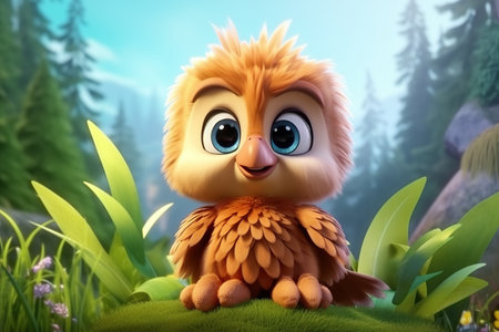 a cute adorable baby eagle in nature rendered in the style of children-friendly cartoon animation fantasy style  created by AIの素材