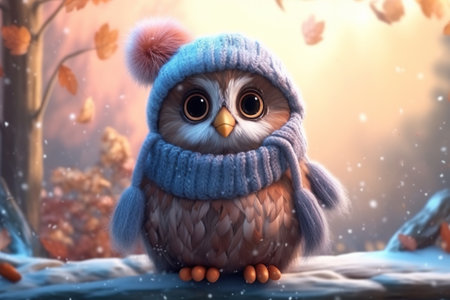 a cute adorable baby owl with cap and scarf,  by night in nature rendered in the style of children-friendly cartoon animation fantasy style  created by AIの素材