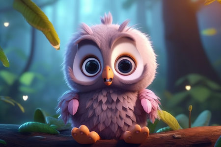 a cute adorable baby owl character stands in nature in the style of children-friendly cartoon animation fantasy  3D style Illustration  created by AIの素材