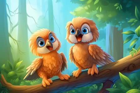 a cute adorable two baby eagles in nature rendered in the style of children-friendly cartoon animation fantasy style  created by AIの素材