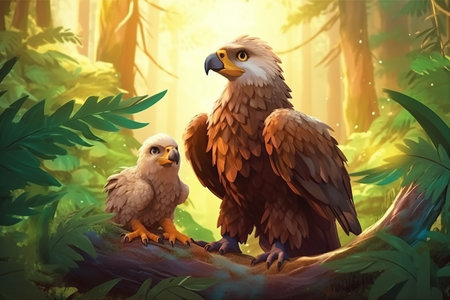 cute adorable baby eagle with mother eagle in forest rendered in the style of fantasy cartoon animation style intended for children created by AIの素材