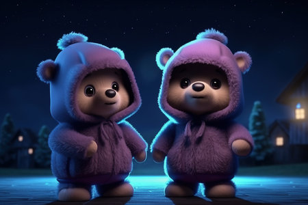 a cute adorable two baby bears with coats, by night vith light in nature rendered in the style of children-friendly cartoon animation fantasy style 3D style Illustration created by AIの素材