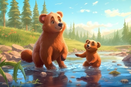 cute adorable baby bear and mother bear are fishing in the river in the forest rendered in the style of fantasy cartoon animation style intended for children 3D style Illustration created by AIの素材