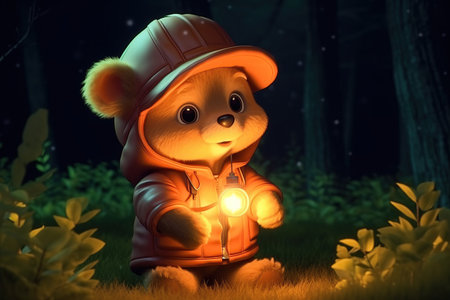a cute adorable baby bear with coat and cap, by night with light in nature rendered in the style of children-friendly cartoon animation fantasy style  3D style Illustration created by AIの素材