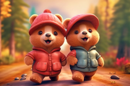 a cute adorable two baby bears  with coats and cap, in nature rendered in the style of children-friendly cartoon animation fantasy style 3D style Illustration created by AIの素材