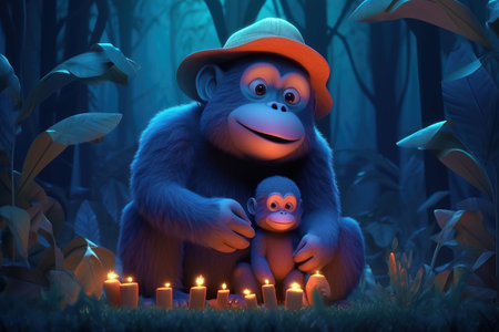 cute adorable baby gorilla with mother gorilla with coats and caps by night in forest rendered in the style of fantasy cartoon animation style intended for children 3D style Illustration created by AIの素材