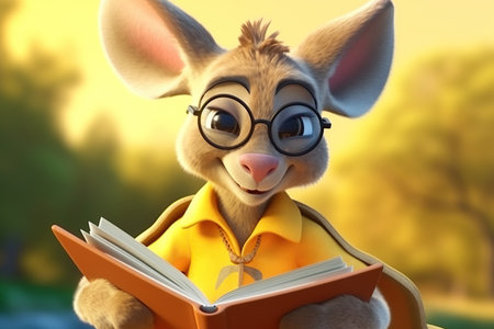 a cute adorable old kangaroo with  book, cap and glasses in nature  rendered in the style of children-friendly cartoon animation fantasy style 3D style Illustration created by AIの素材