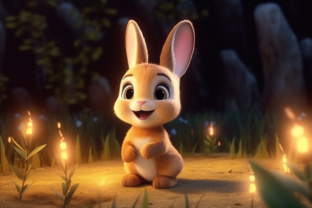 a cute adorable baby rabbit in nature by night with light rendered in the style of children-friendly cartoon animation fantasy style 3D style Illustration  created by AIの素材