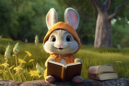 a cute adorable baby rabbit with coat, cap and book in nature rendered in the style of children-friendly cartoon animation fantasy style 3D style Illustration created by AIの素材