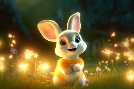 a cute adorable baby rabbit in nature by night with light rendered in the style of children-friendly cartoon animation fantasy style 3D style Illustration  created by AIの素材