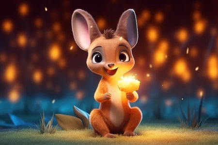 a cute adorable baby kangaroo stands in nature by night with light, in the style of children-friendly cartoon animation fantasy  3D style Illustration  created by AIの素材
