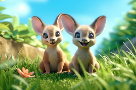 a cute adorable two baby kangaroos resting in grass on a sunny day rendered in the style of children-friendly cartoon animation fantasy style 3D style Illustration created by AIの素材