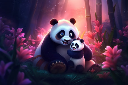 cute adorable baby panda with mother panda in nature by night with light  rendered in the style of fantasy cartoon animation style intended for children 3D style Illustration created by AIの素材