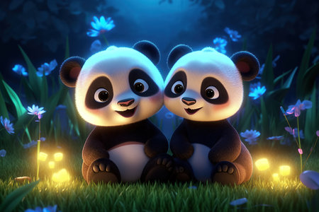 a cute adorable two baby panda bears by night with light in nature rendered in the style of children-friendly cartoon animation fantasy style 3D style Illustration created by AIの素材