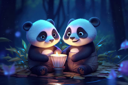 a cute adorable two baby panda bears by night with light in nature rendered in the style of children-friendly cartoon animation fantasy style 3D style Illustration created by AIの素材