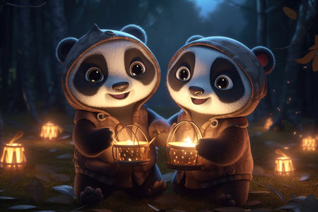 a cute adorable two baby panda bears by night with light in nature rendered in the style of children-friendly cartoon animation fantasy style 3D style Illustration created by AIの素材