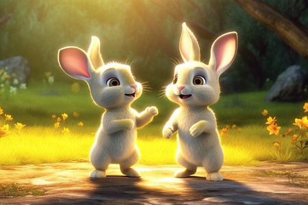 a cute adorable two baby rabbits  in nature rendered in the style of children-friendly cartoon animation fantasy style 3D style Illustration created by AIの素材