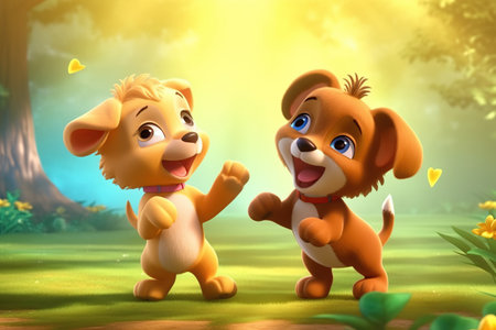 cute adorable two baby puppies dancing in nature rendered in the style of animated cartoons suitable for children's fantasy style, 3D style Illustration created by AIの素材