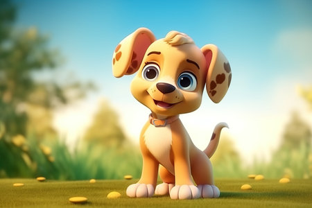 a cute adorable baby puppy stands in nature in the style of children-friendly cartoon animation fantasy  3D style Illustration  created by AIの素材