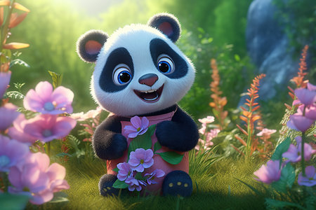 a cute adorable baby panda stands in nature in the style of children-friendly cartoon animation fantasy  3D style Illustration  created by AIの素材
