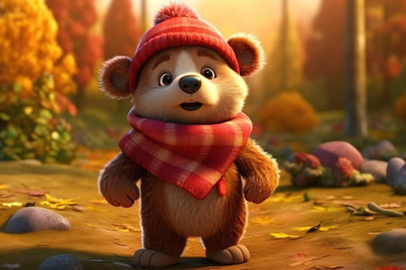 a cute adorable baby bear with coat and cap, in nature rendered in the style of children-friendly cartoon animation fantasy style 3D style Illustration created by AIの素材