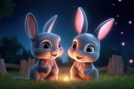 a cute adorable two baby rabbits by night with light in nature rendered in the style of children-friendly cartoon animation fantasy style 3D style Illustration created by AIの素材