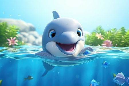 a cute adorable baby dolphin stands in nature in the style of children-friendly cartoon animation fantasy  3D style Illustration  created by AIの素材