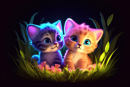 a cute adorable two baby cats resting in grass by night with neon violet yellow light rendered in the style of children-friendly cartoon animation fantasy style 3D style Illustration created by AIの素材