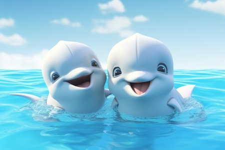 a cute adorable two baby dolphins stands in nature in the style of children-friendly cartoon animation fantasy  3D style Illustration  created by AIの素材