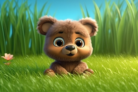 a cute adorable baby bear resting in grass on a sunny day rendered in the style of children-friendly cartoon animation fantasy style 3D style Illustration created by AIの素材