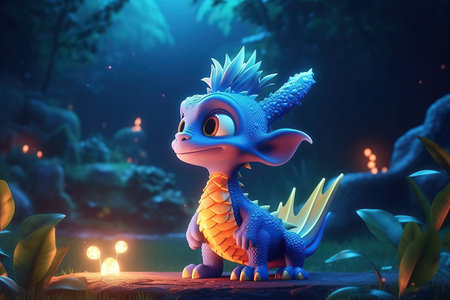 a cute adorable baby dragon stands in nature by night with light in the style of children-friendly cartoon animation fantasy  3D style Illustration  created by AIの素材