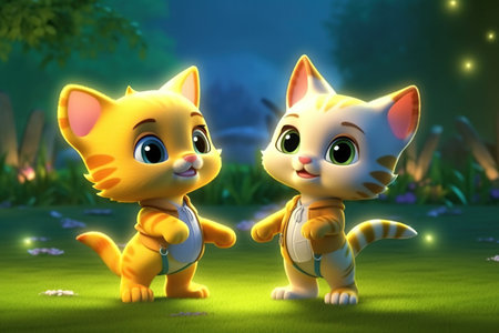 a cute adorable two baby cats by night with light in nature rendered in the style of children-friendly cartoon animation fantasy style 3D style Illustration created by AIの素材