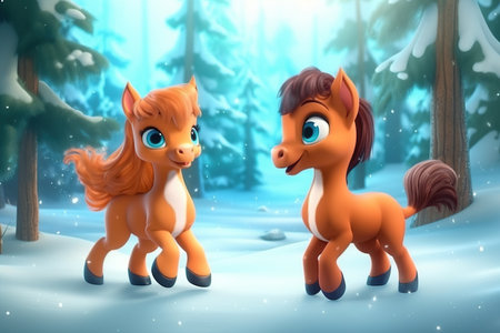 cute adorable two baby horses dancing in the snow in the forest rendered in the style of animated cartoons suitable for children's fantasy style, 3D style Illustration created by AIの素材