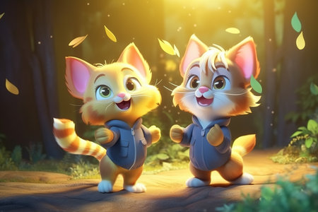 a cute adorable two baby cats by night with light in nature rendered in the style of children-friendly cartoon animation fantasy style 3D style Illustration created by AIの素材