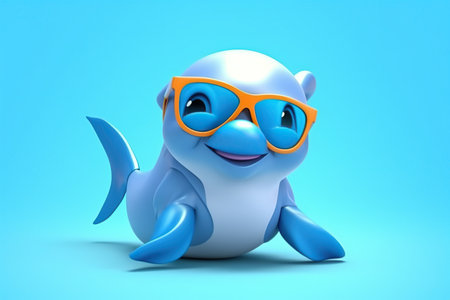a cute adorable baby dolphin wearing sunglasses on light color background in the style of children-friendly cartoon animation fantasy  3D style Illustration  created by AIの素材
