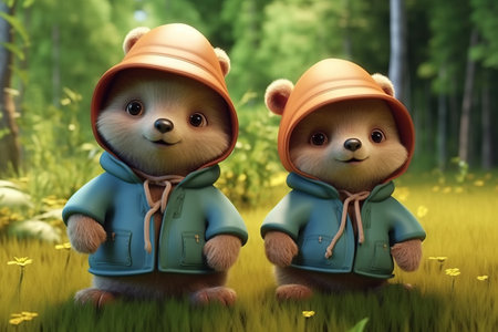 a cute adorable two baby bears  with coats and cap, in nature rendered in the style of children-friendly cartoon animation fantasy style 3D style Illustration created by AIの素材