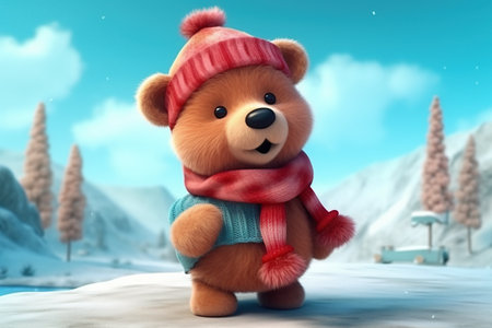 a cute adorable baby bear with coat and cap, in winter, rendered in the style of children-friendly cartoon animation fantasy style 3D style Illustration created by AIの素材